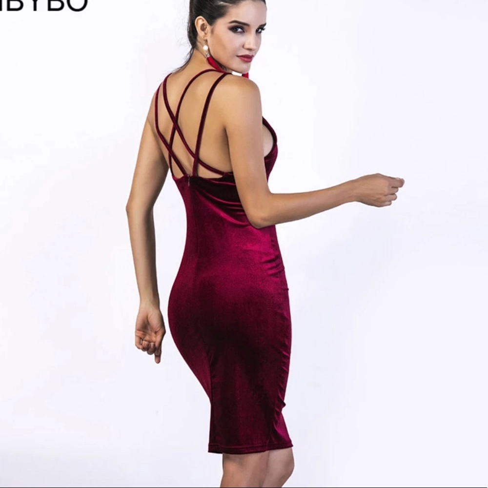Sexy strappy velvet midi bodycon dress maroon